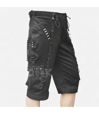 Men Black Cargo Shorts | Chains Studded Bondage Shorts