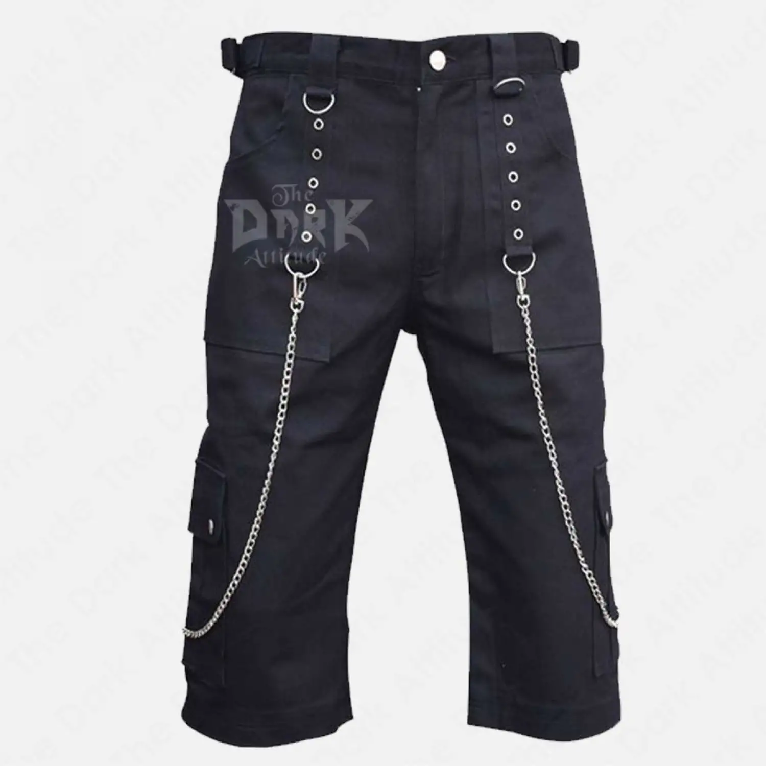 Men Punk Rock Black Cargo Chains Shorts | Black Fetish Goth Shorts