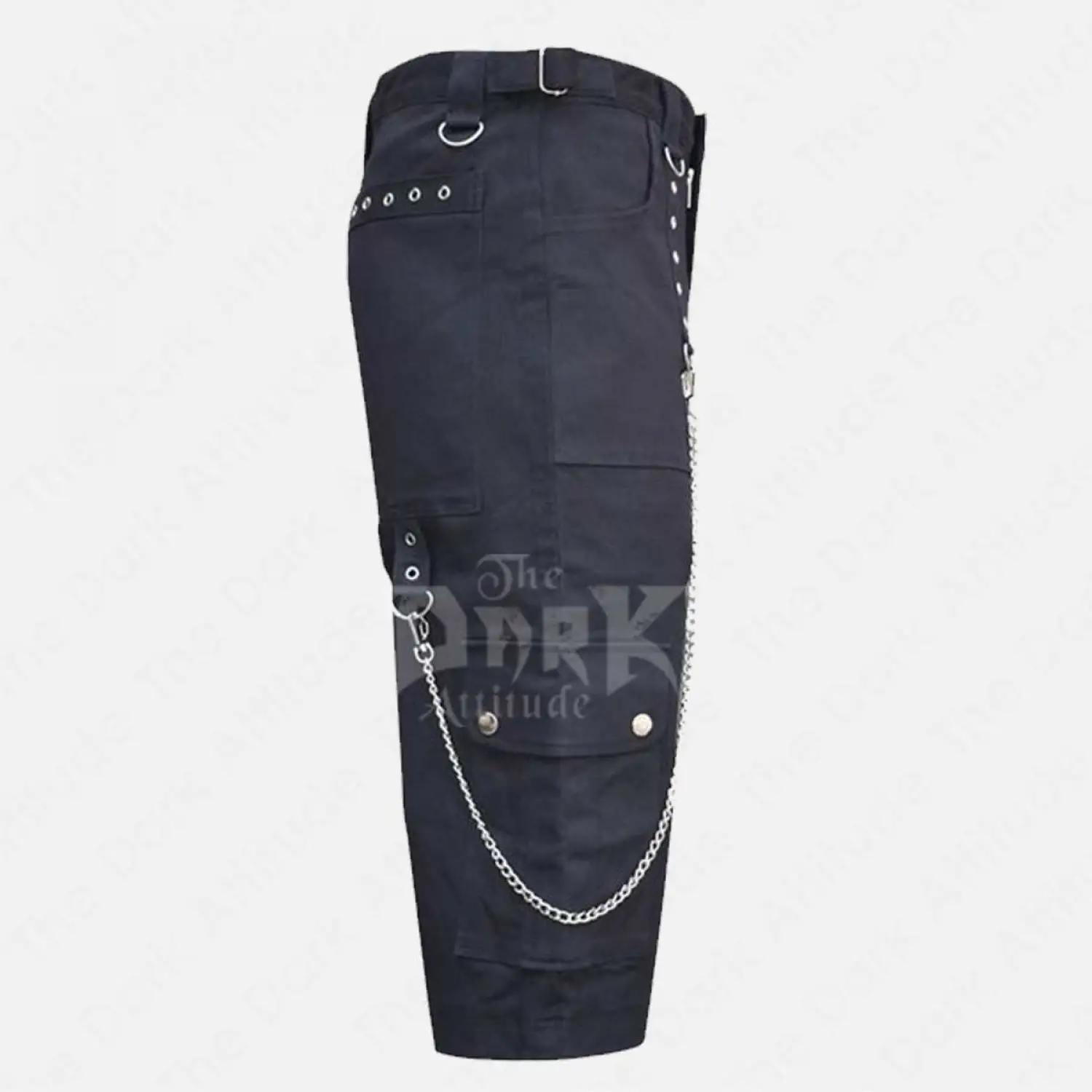 Men Punk Rock Black Cargo Chains Shorts | Black Fetish Goth Shorts