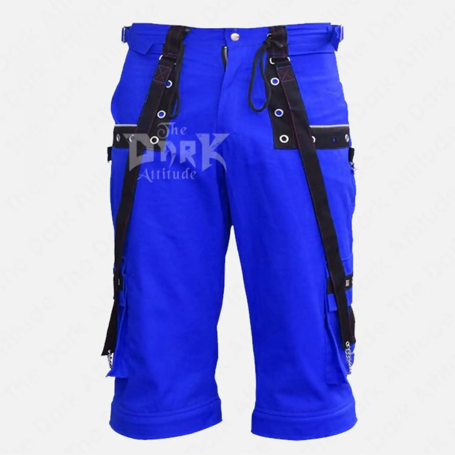 Men's black cargo shorts with silver studs and hanging metal chains