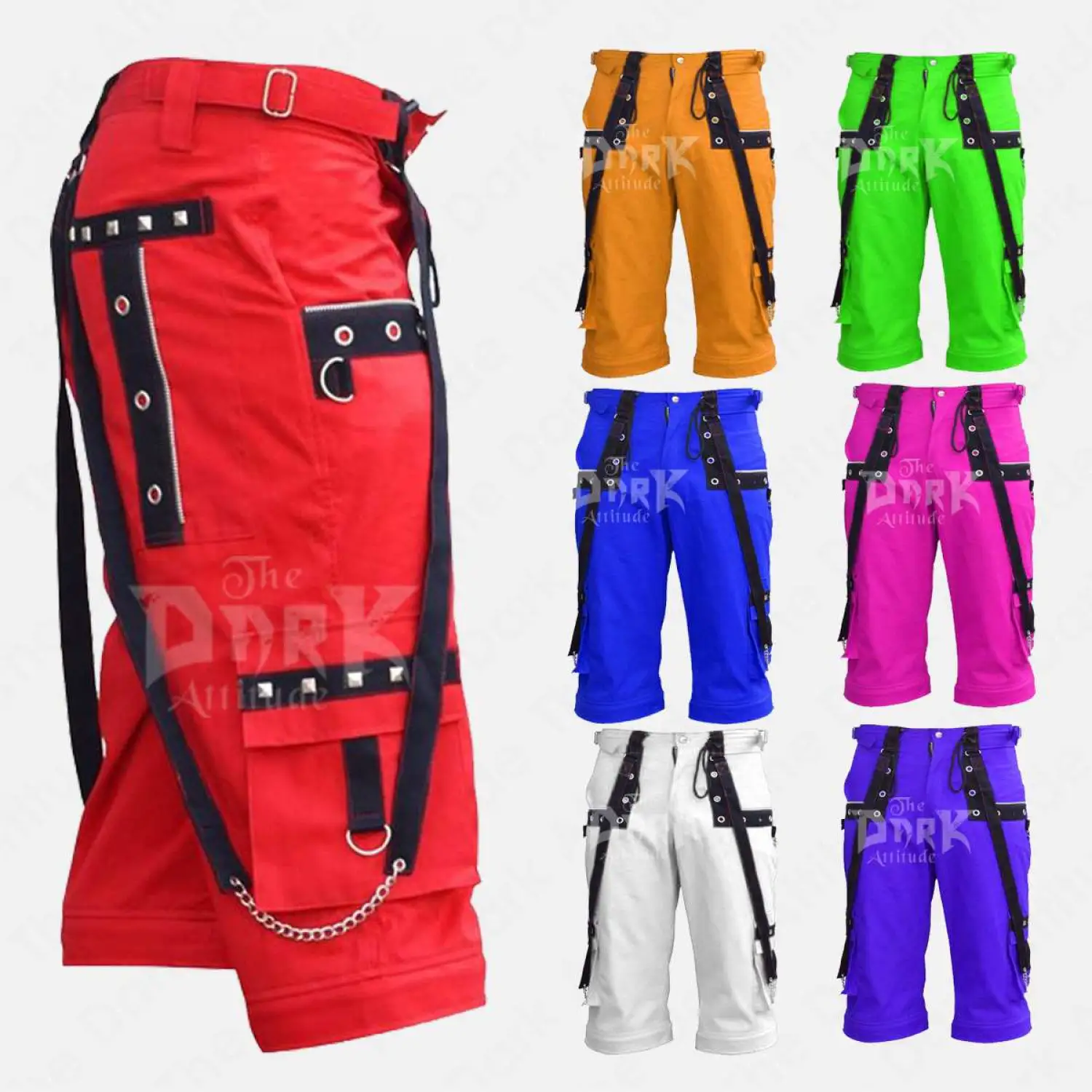 Men's black cargo shorts with silver studs and hanging metal chains