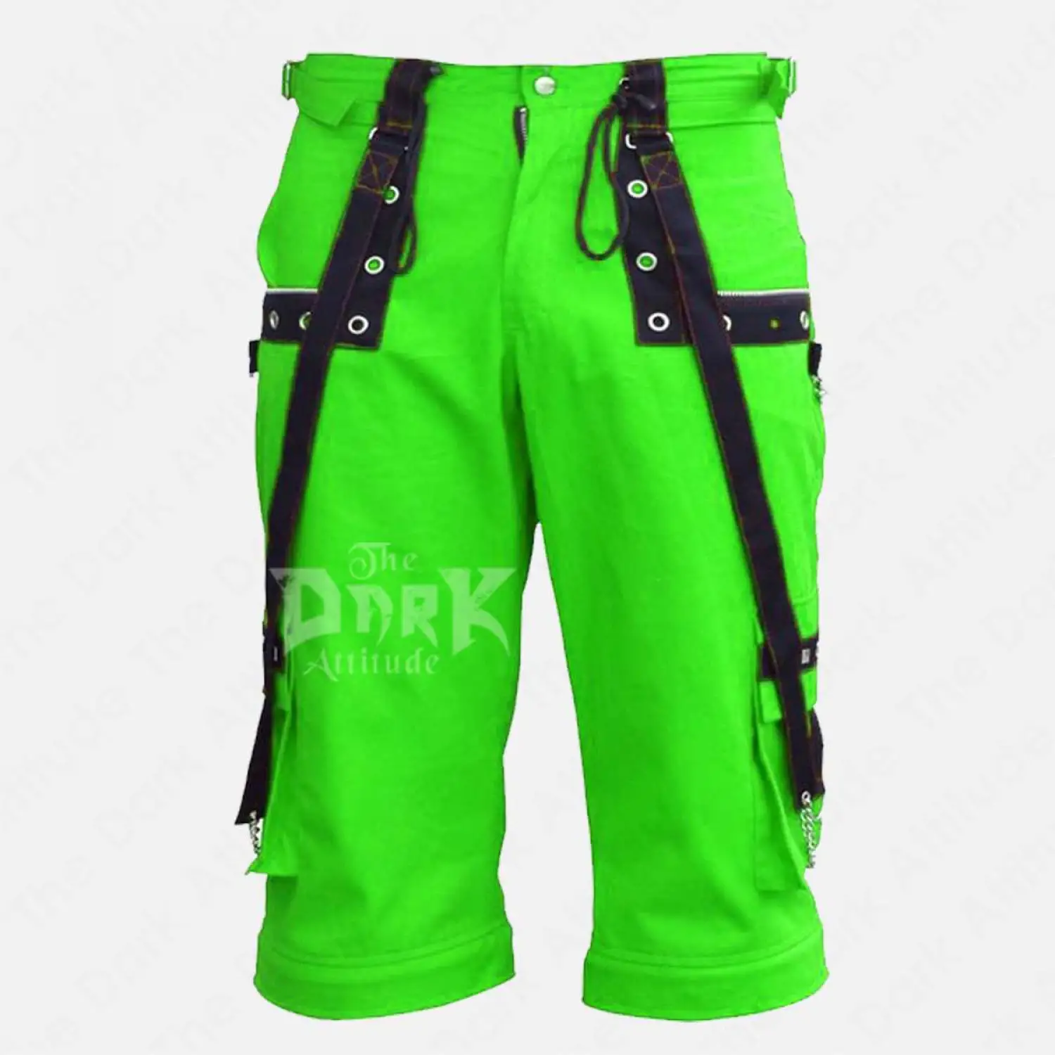 Men's black cargo shorts with silver studs and hanging metal chains