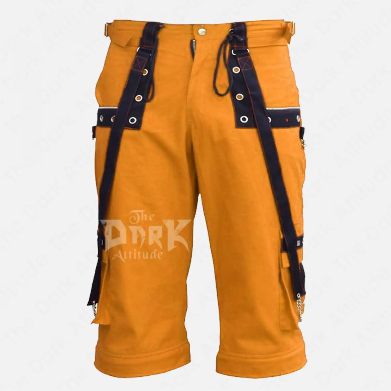 Men's black cargo shorts with silver studs and hanging metal chains