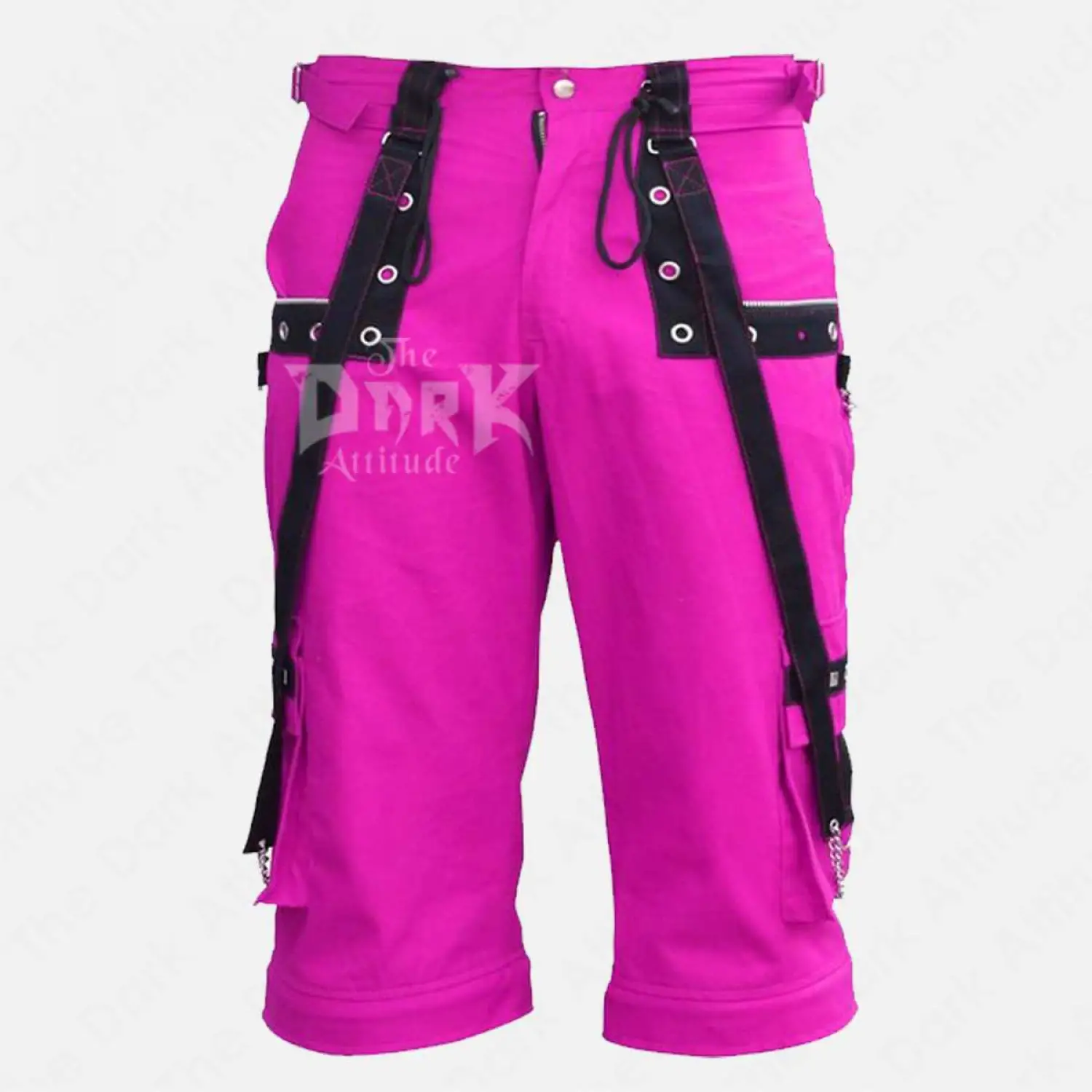 Men's black cargo shorts with silver studs and hanging metal chains