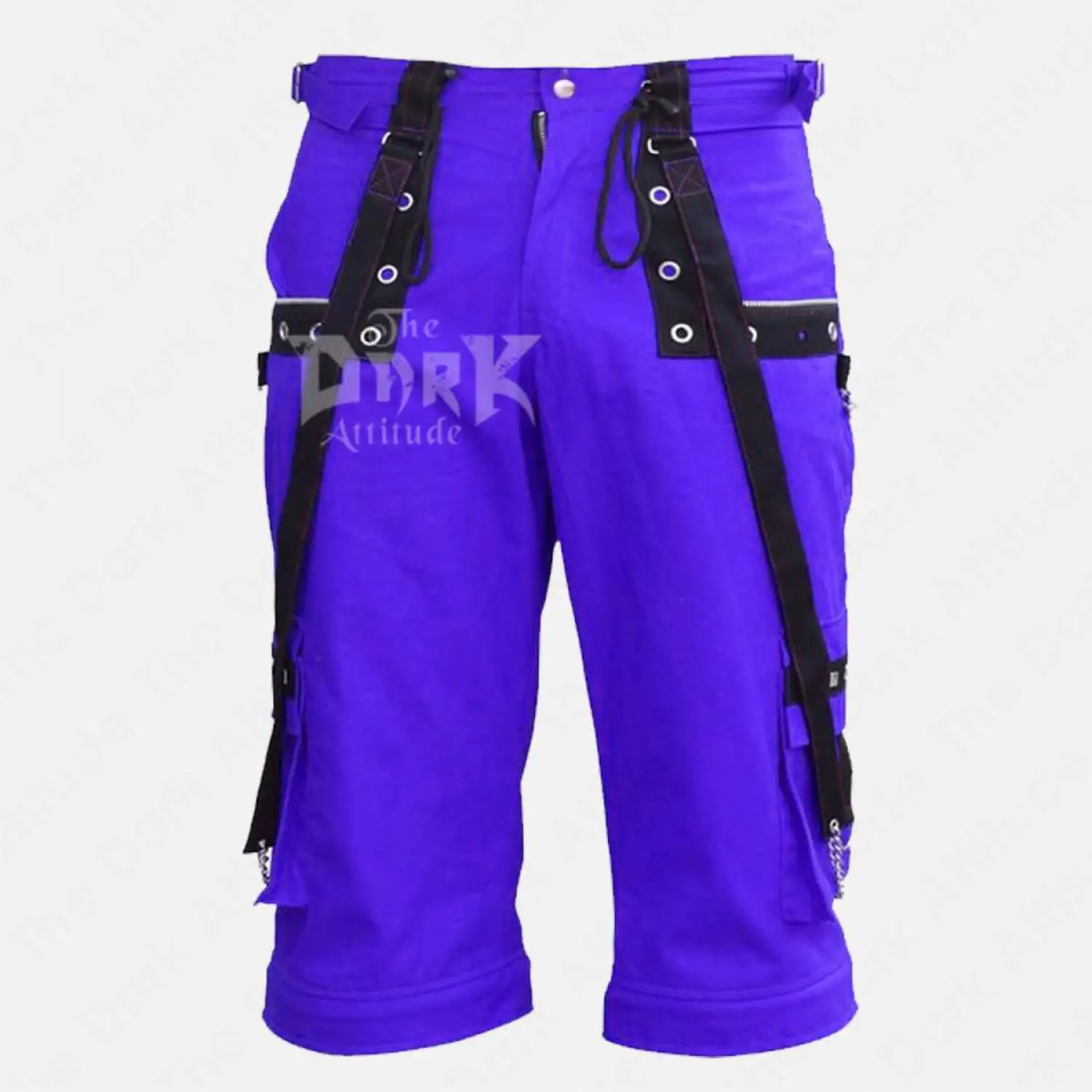 Men's black cargo shorts with silver studs and hanging metal chains