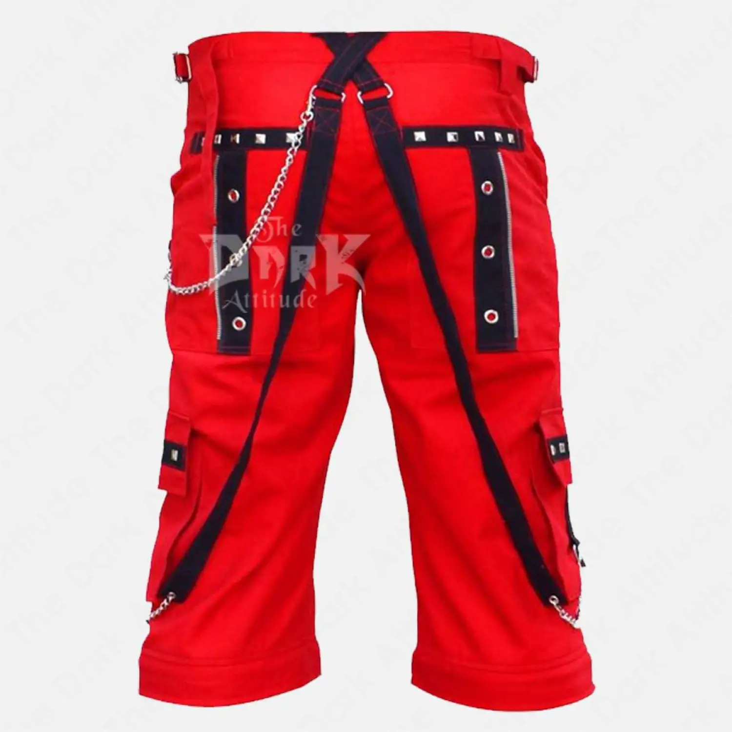 Men's black cargo shorts with silver studs and hanging metal chains