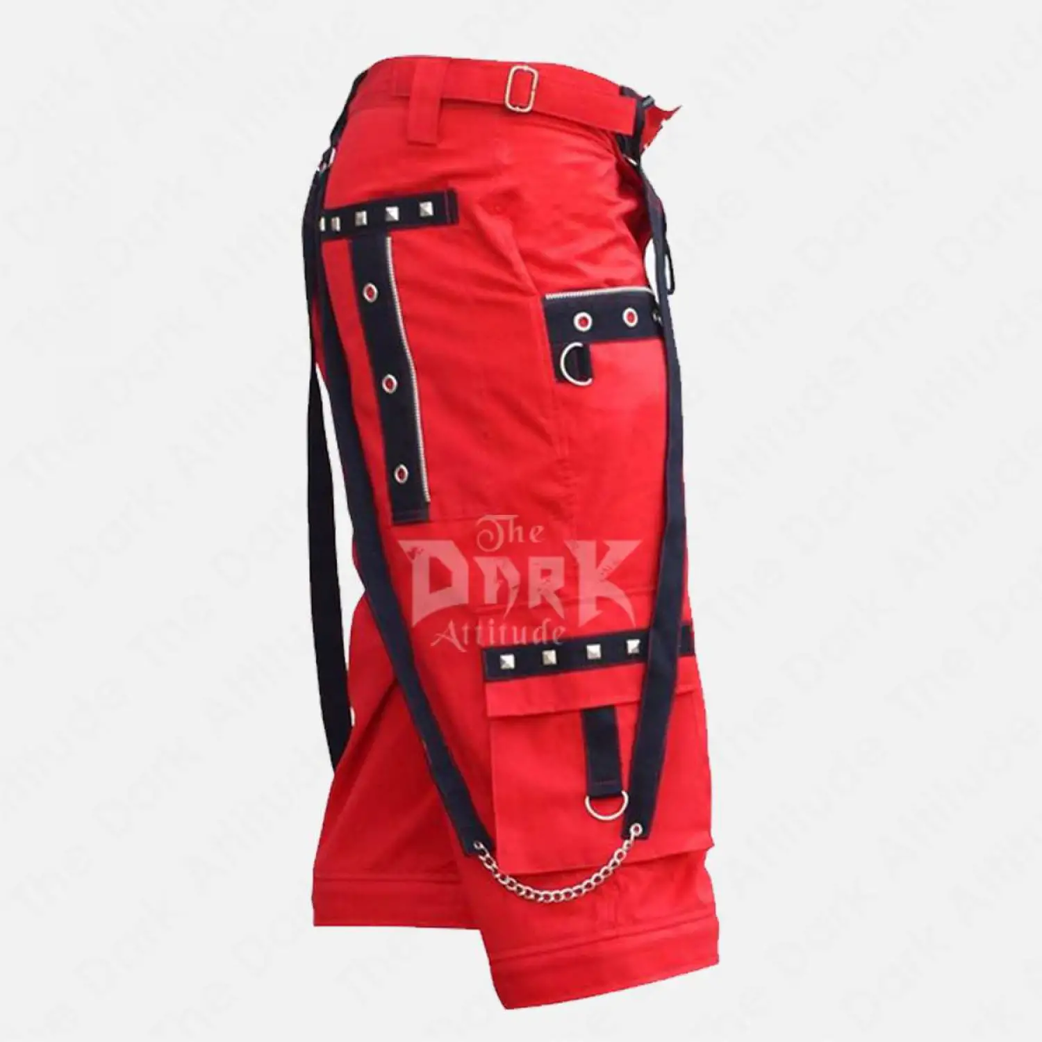 Men's black cargo shorts with silver studs and hanging metal chains