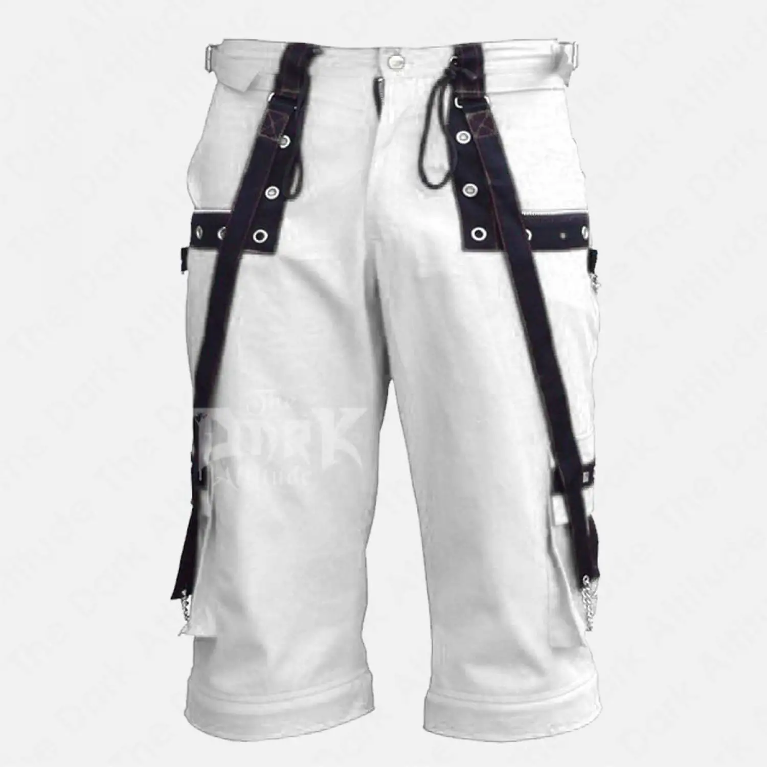 Men's black cargo shorts with silver studs and hanging metal chains