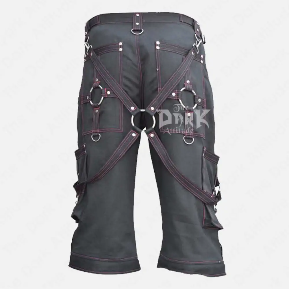 Black EMO Gothic Shorts Men | Red Threads Fetish Cargo Shorts