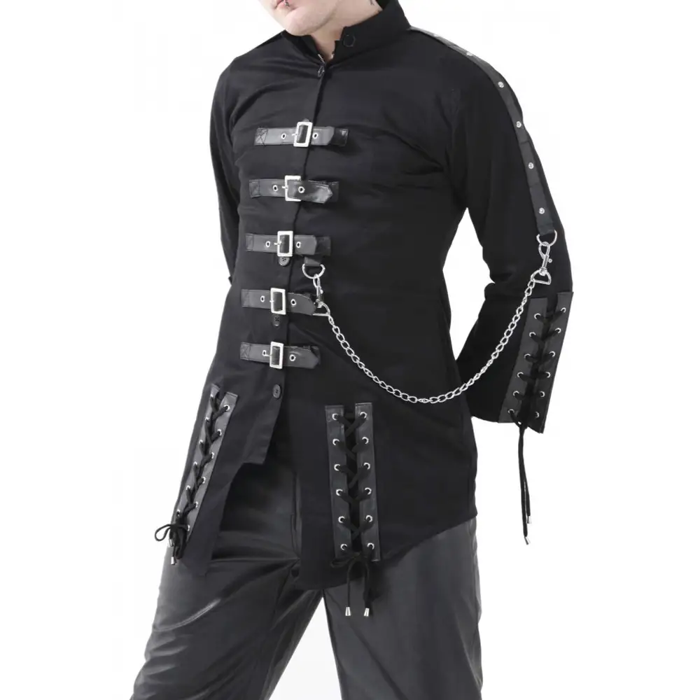 Gothic Black Military Chains Buckle Jacket Men's | EMO Cyber Jacket