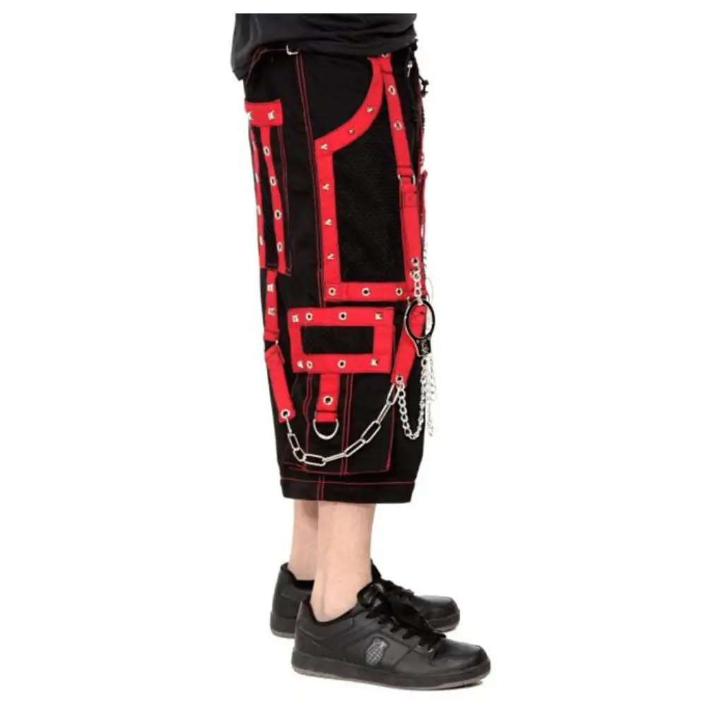 Gothic Cargo Trouser Red Black | Mens Punk Rock Pants Chains Shorts