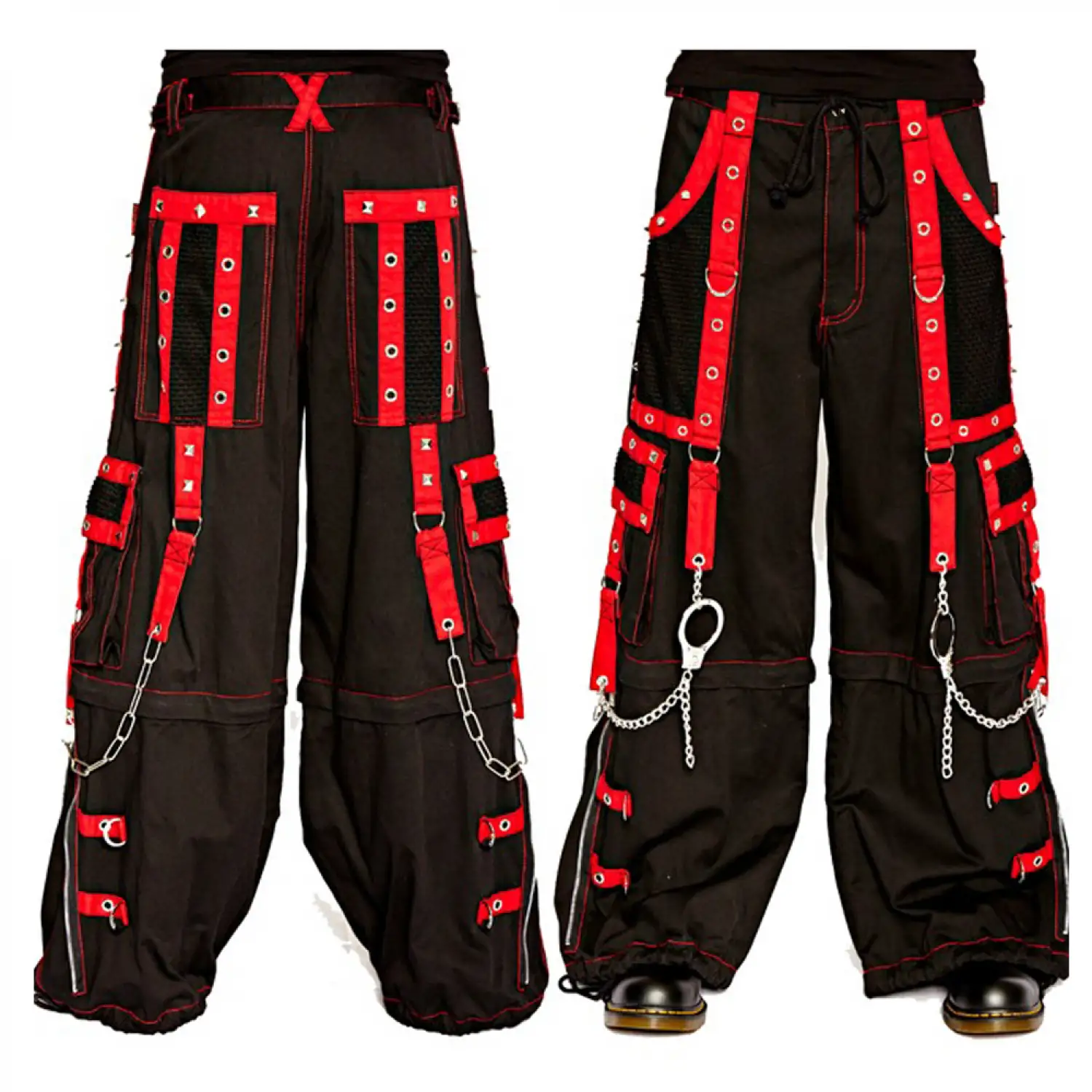 Gothic Cargo Trouser Red Black | Mens Punk Rock Pants Chains Shorts