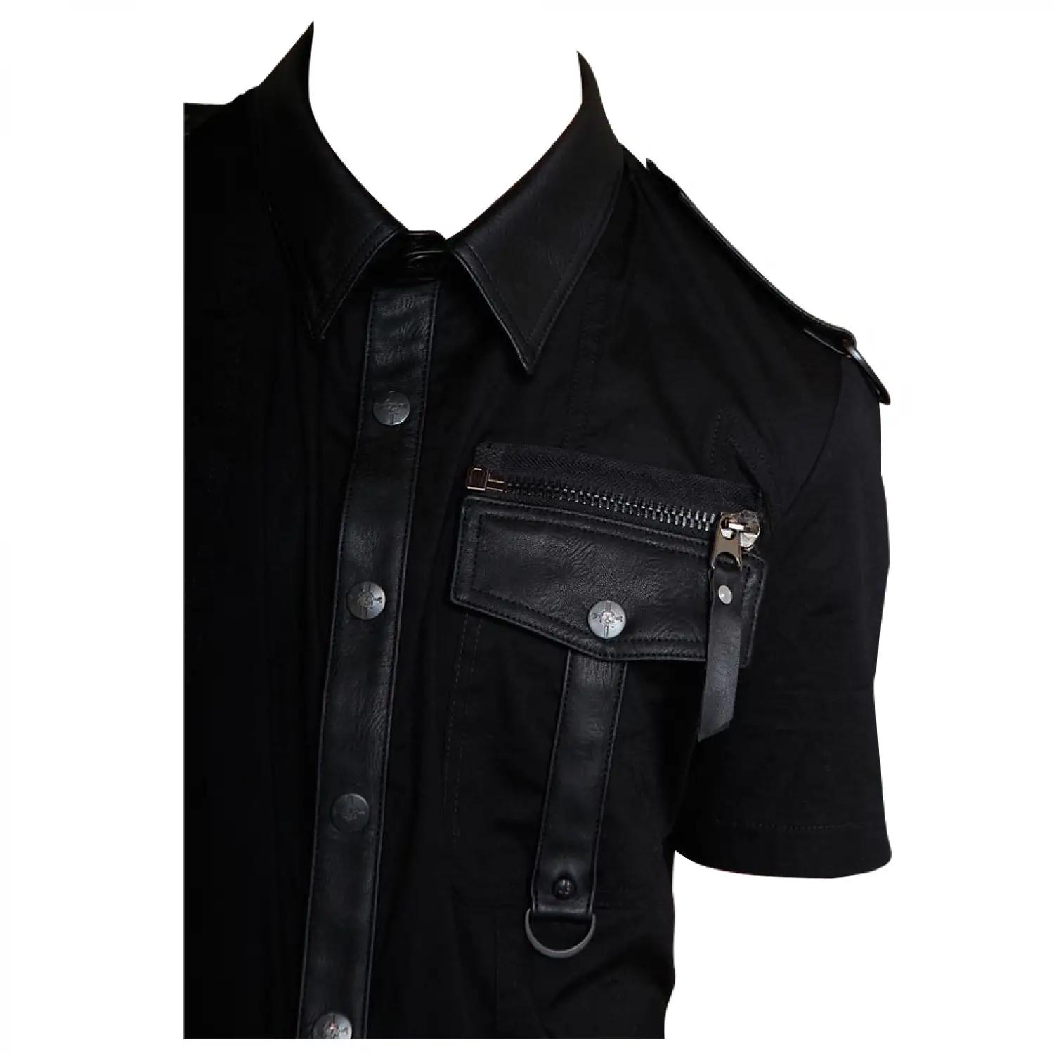 Black short-sleeve Gothic industrial shirt with a D-ring and zippered chest pocket