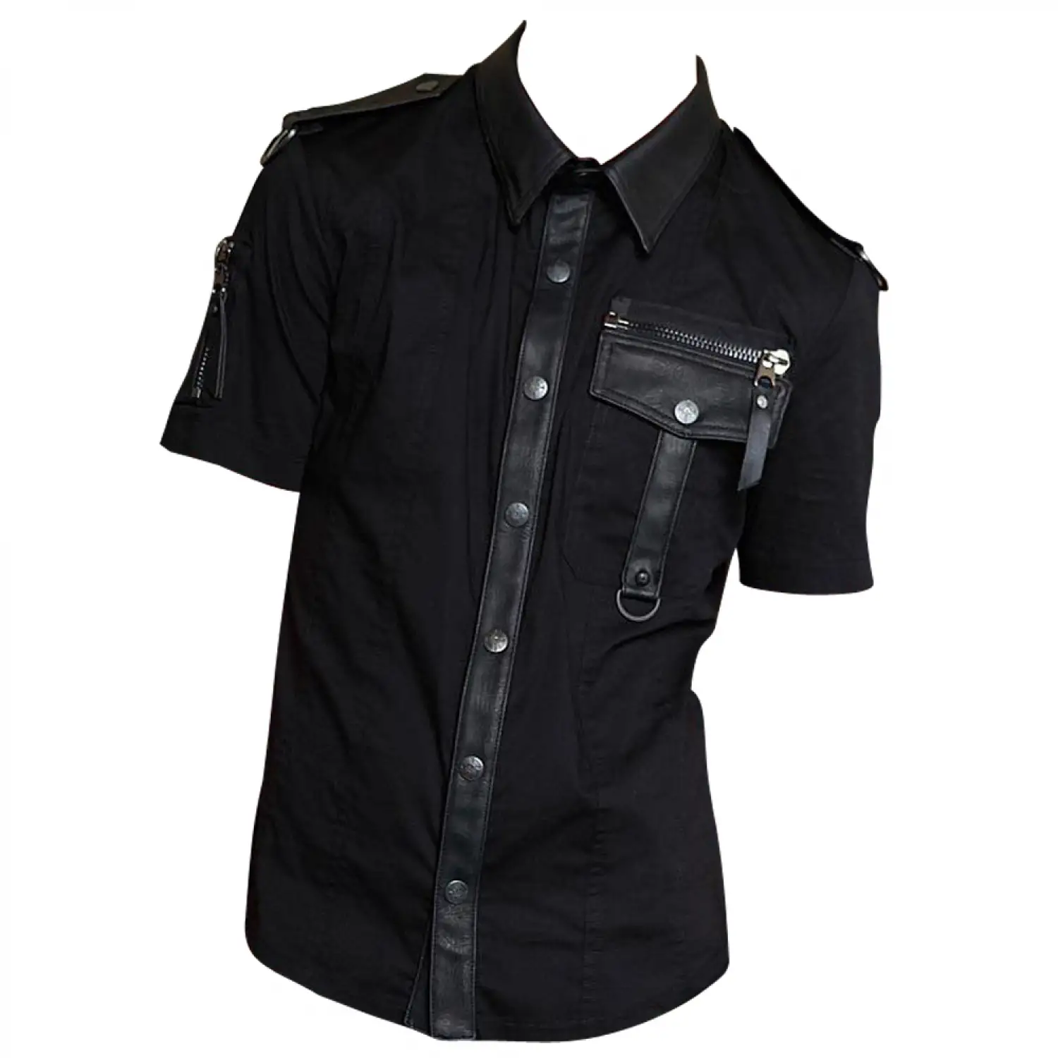 Black short-sleeve Gothic industrial shirt with a D-ring and zippered chest pocket