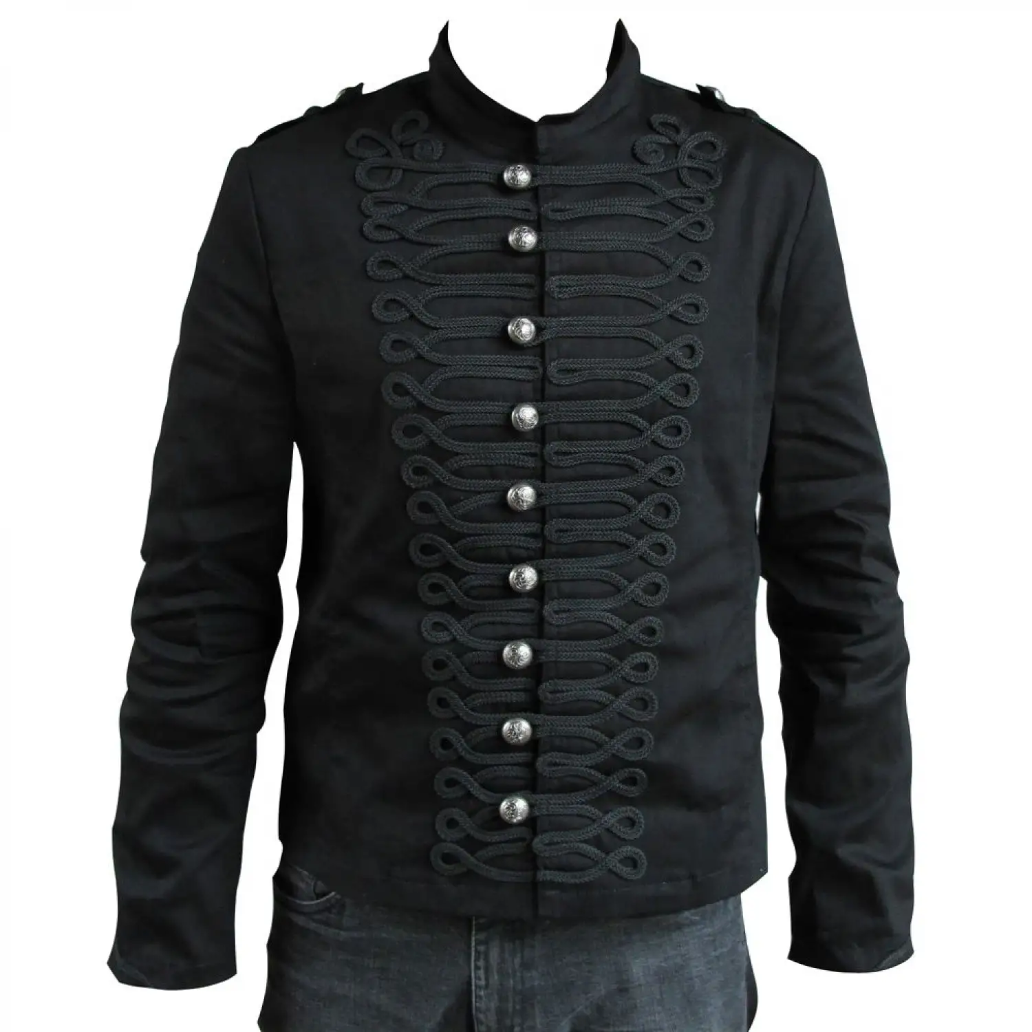 Men's black military tunic jacket with horizontal braided chest details and high collar