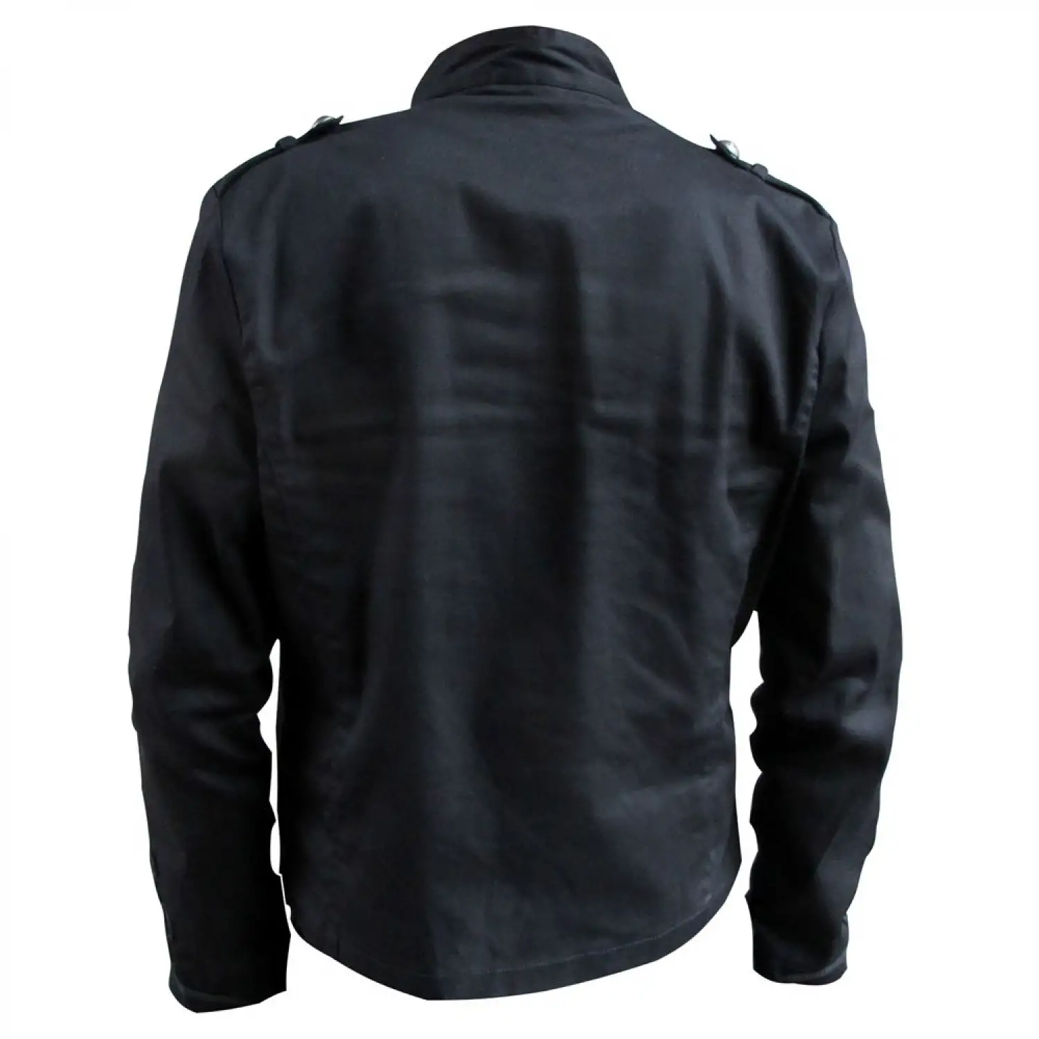 Men's black military tunic jacket with horizontal braided chest details and high collar
