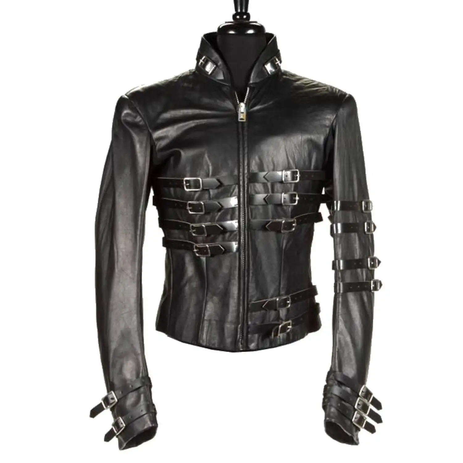 Men's Gothic Leather Jacket Hot MJ Punk Military Black Leather Jacket