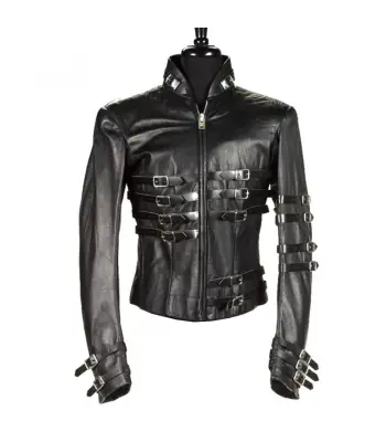 Men's Gothic Leather Jacket Hot MJ Punk Military Black Leather Jacket
