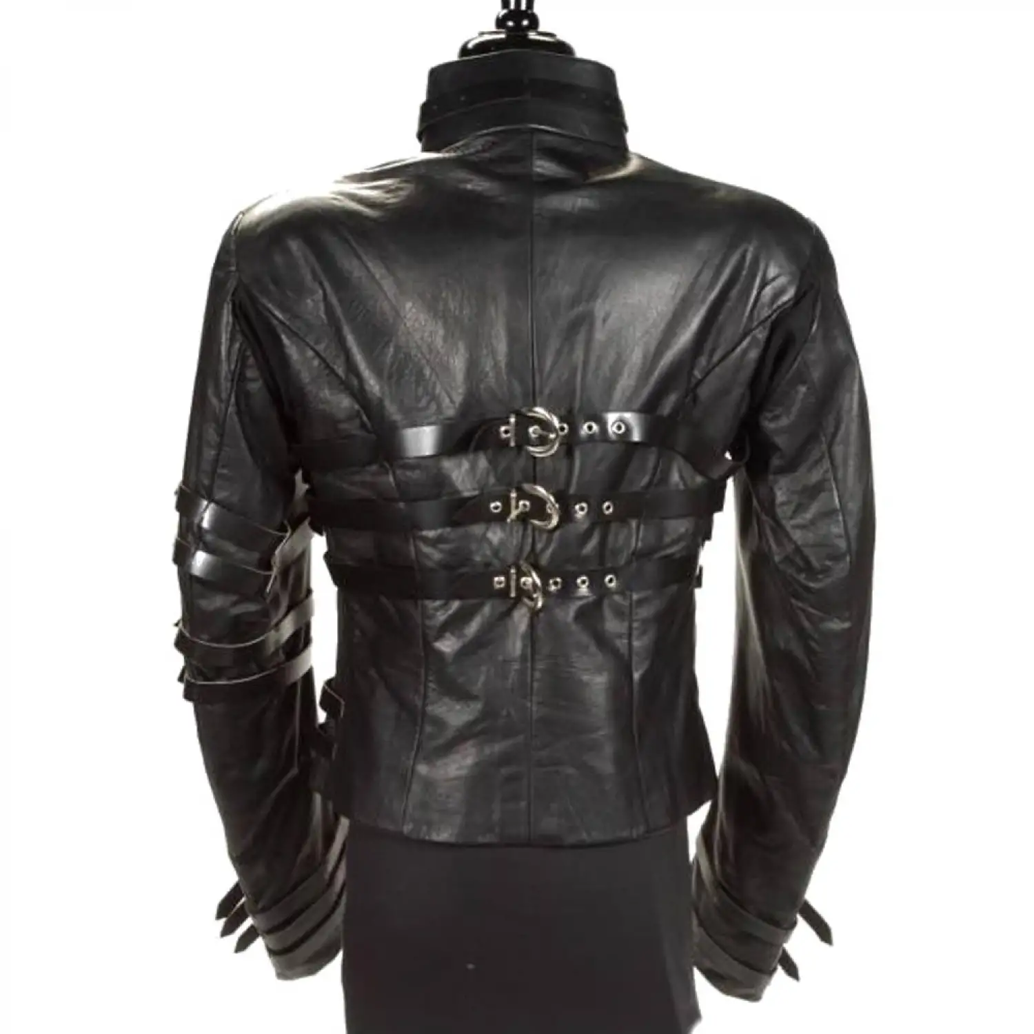 Men's Gothic Leather Jacket Hot MJ Punk Military Black Leather Jacket
