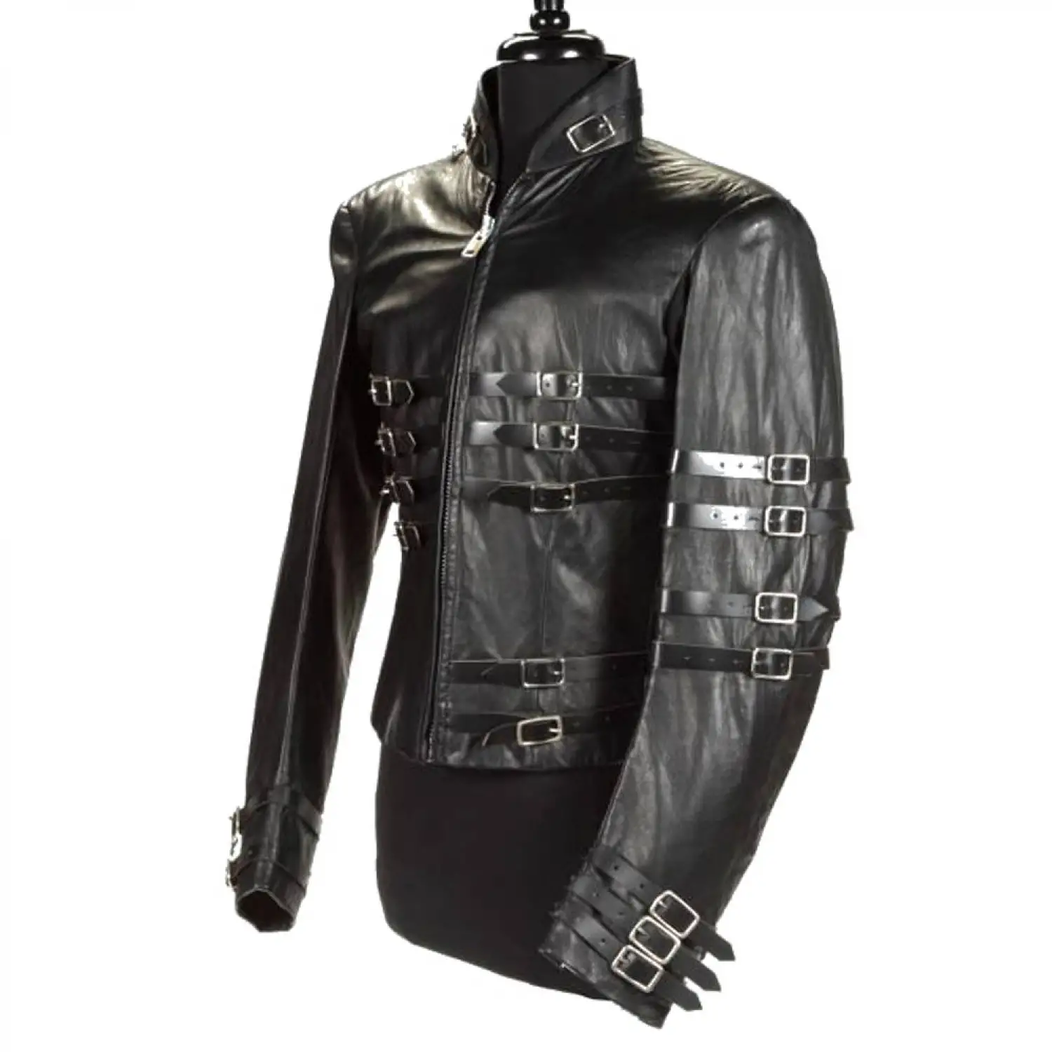 Men's Gothic Leather Jacket Hot MJ Punk Military Black Leather Jacket