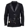 Men's black military blazer with leather lapels and steampunk chain detail