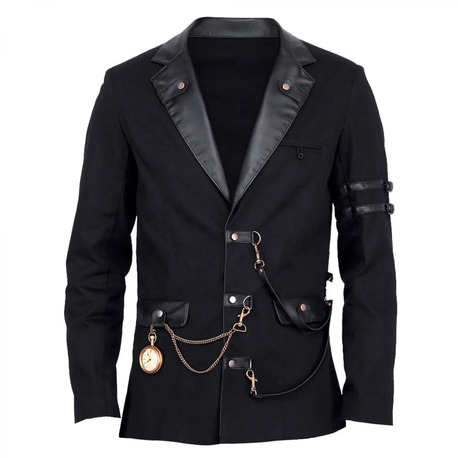 Men's black military blazer with leather lapels and steampunk chain detail
