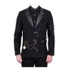 Men's black military blazer with leather lapels and steampunk chain detail