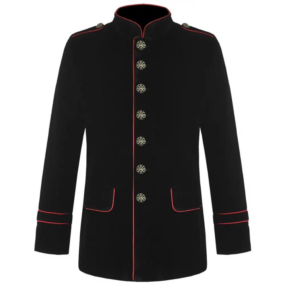 Steampunk Military Style Cotton Coat | Black Velvet Red Pipping Gothic Jacket