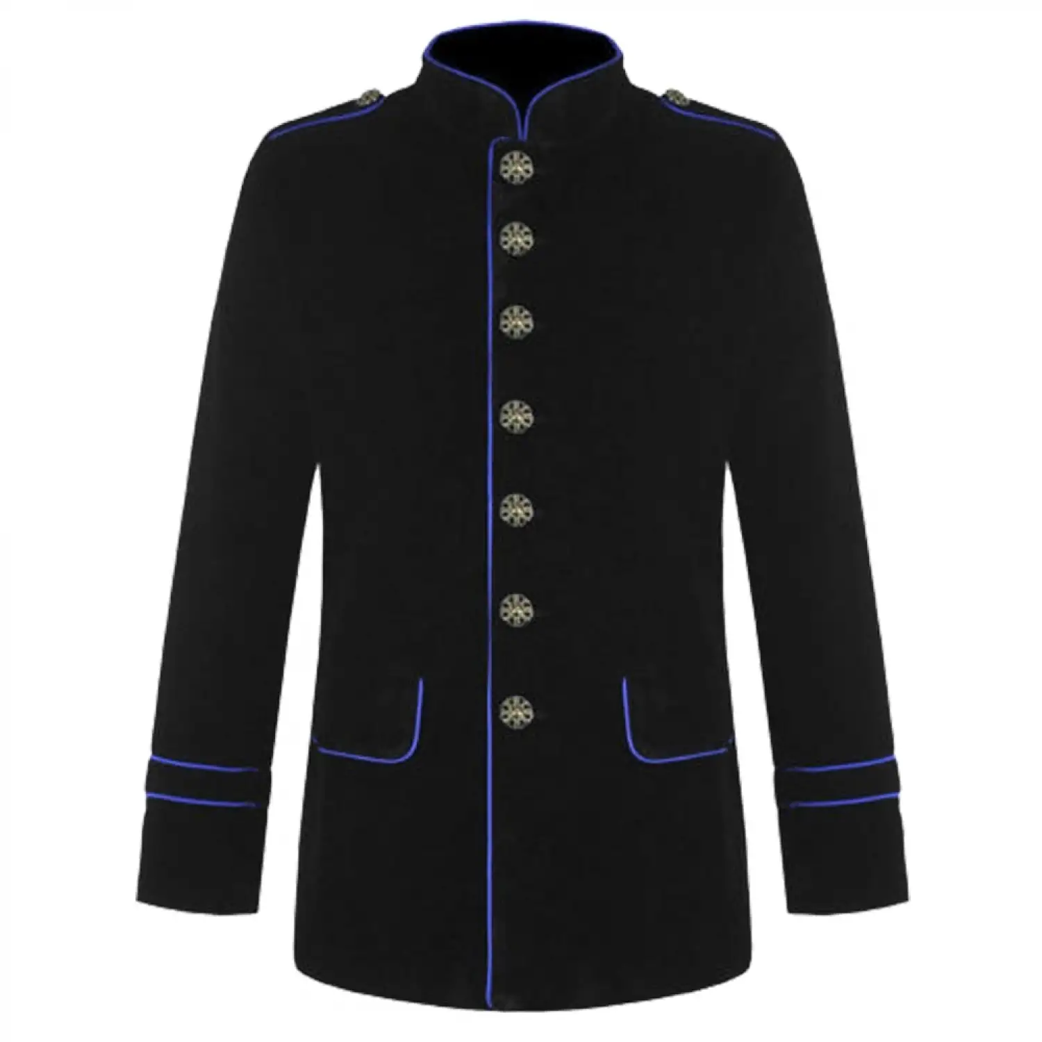 Men's black military parade jacket with contrast piping and silver buttons