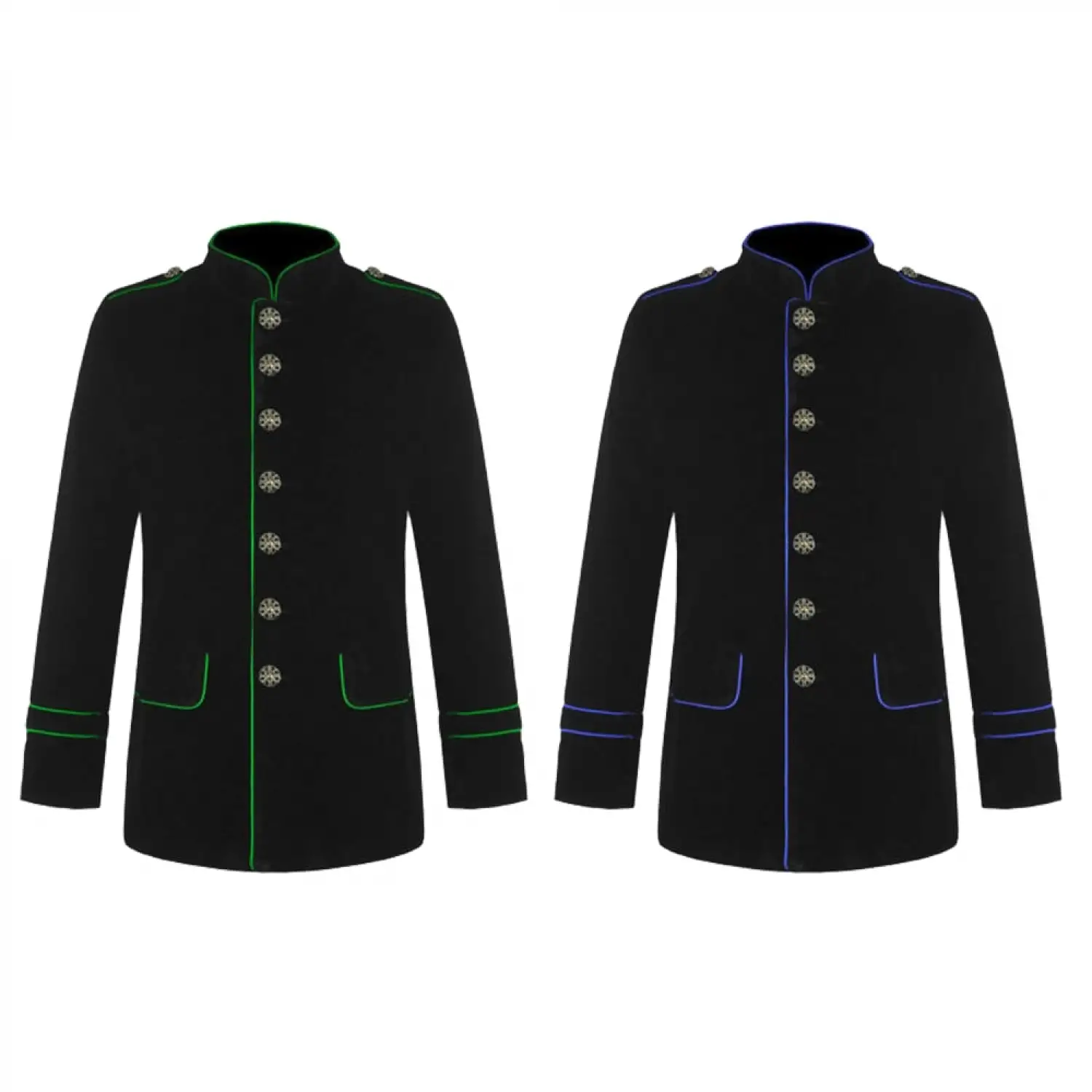 Men's black military parade jacket with contrast piping and silver buttons
