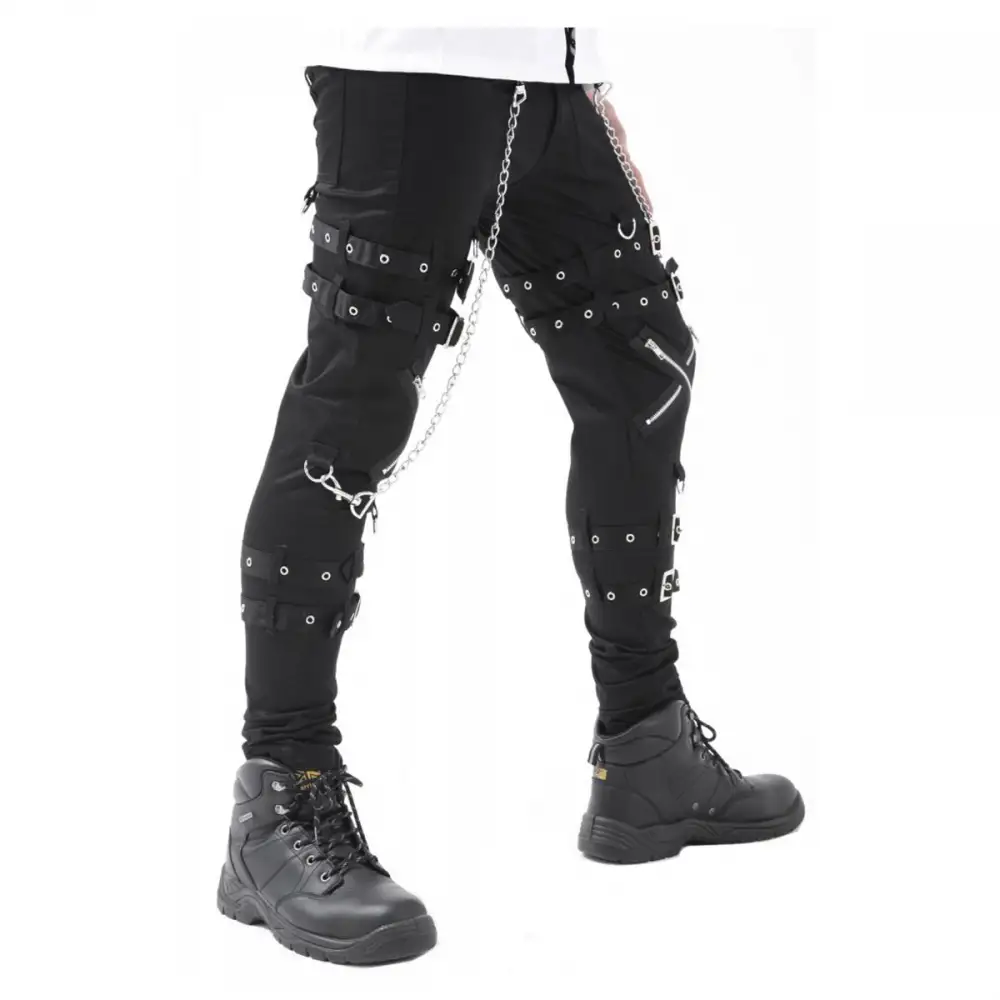 Men Punk Goth Zipper Pants | Metal Rock Chains Straps Bondage Fetish Trouser