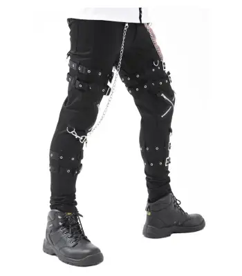 Men Gothic Pant Cross Zip Chain Straps Cyber Fetish Trousers Pants