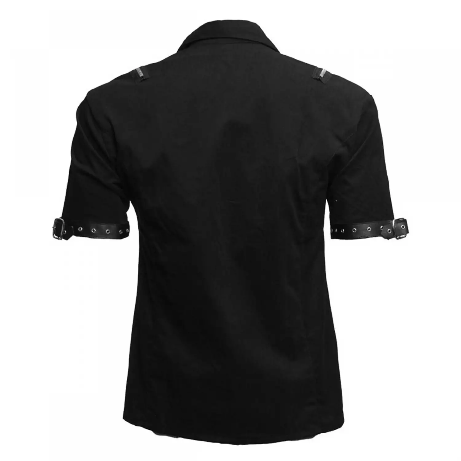 Men's black industrial zip-front shirt with horizontal chest buckle straps
