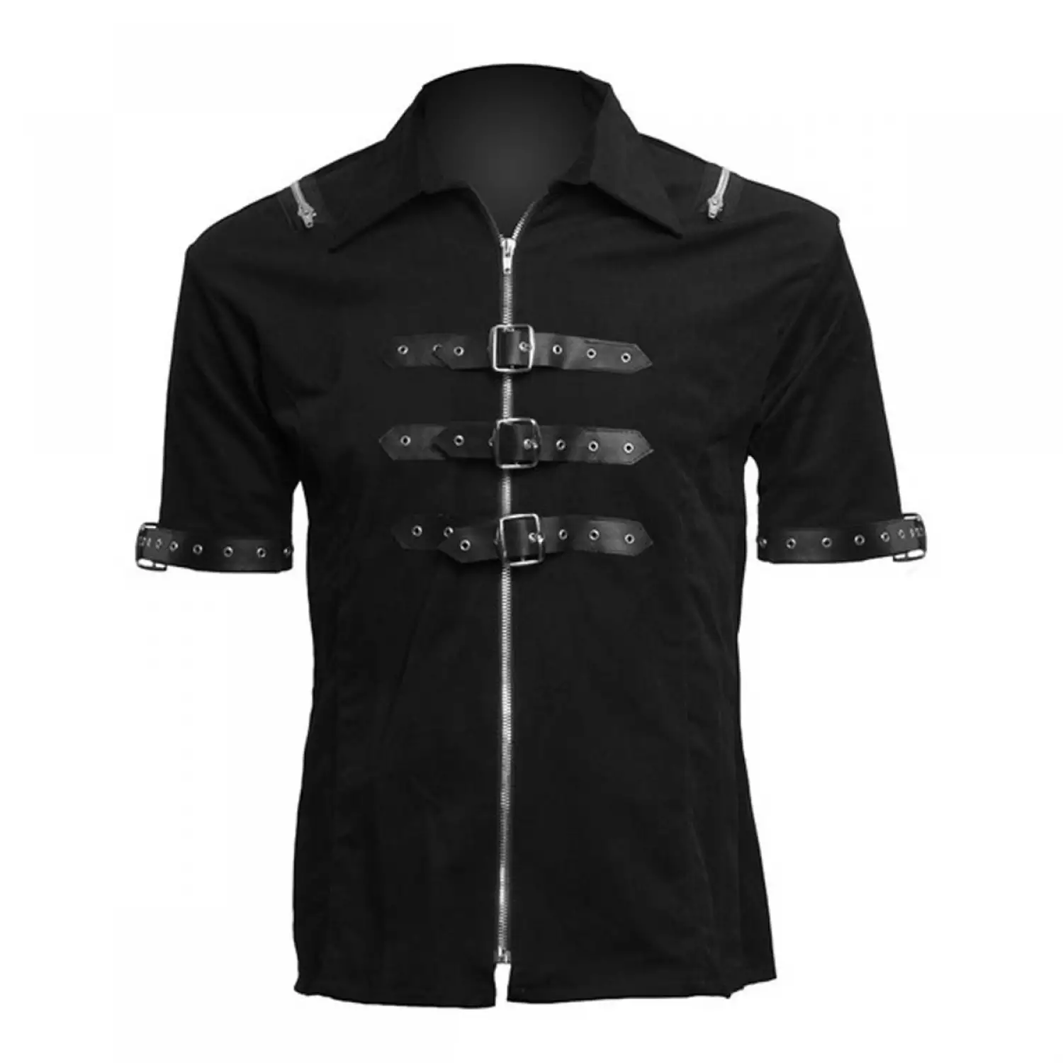 Men's black industrial zip-front shirt with horizontal chest buckle straps
