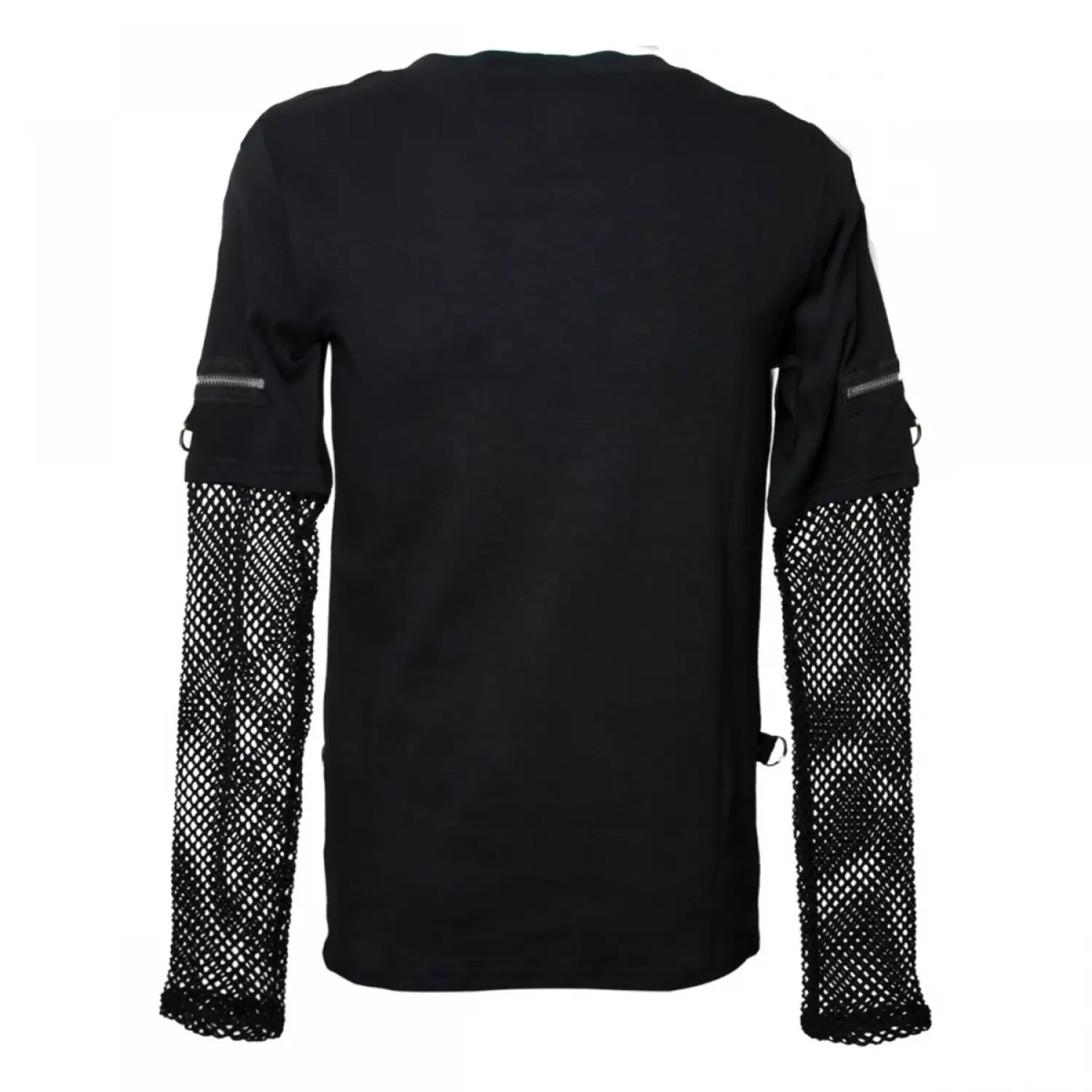 Men's black Gothic layered mesh shirt with punk style buckle straps on the sleeves.
