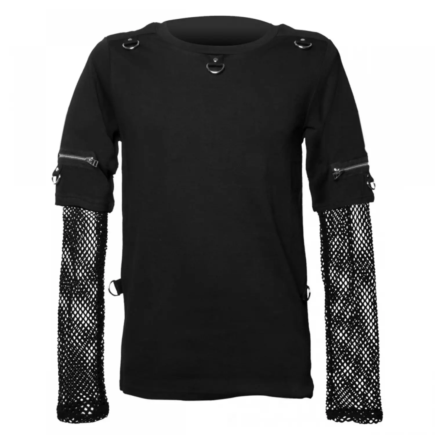 Men's black Gothic layered mesh shirt with punk style buckle straps on the sleeves.