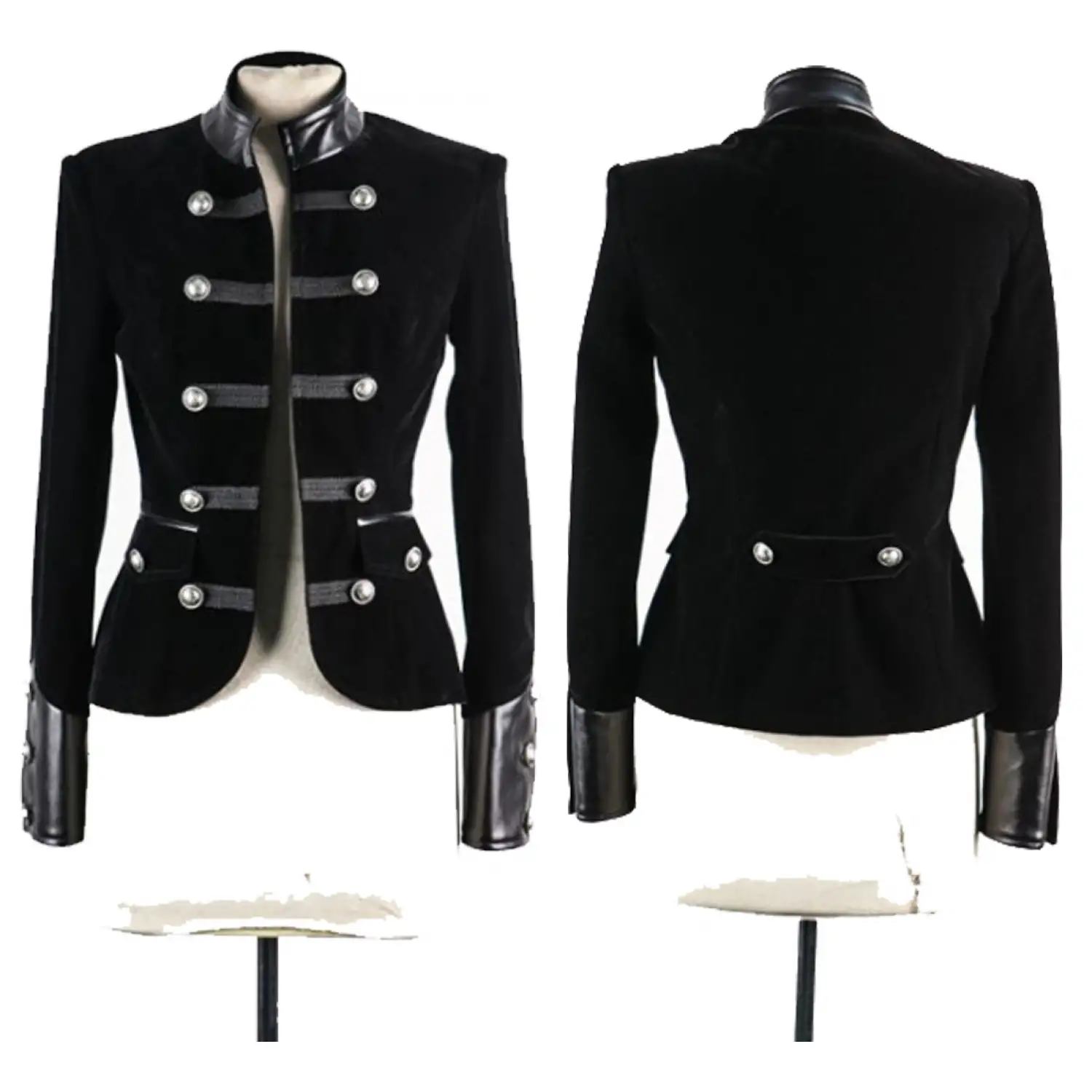Gothic Military Style Black Velvet Jacket Leather Accents Jacket