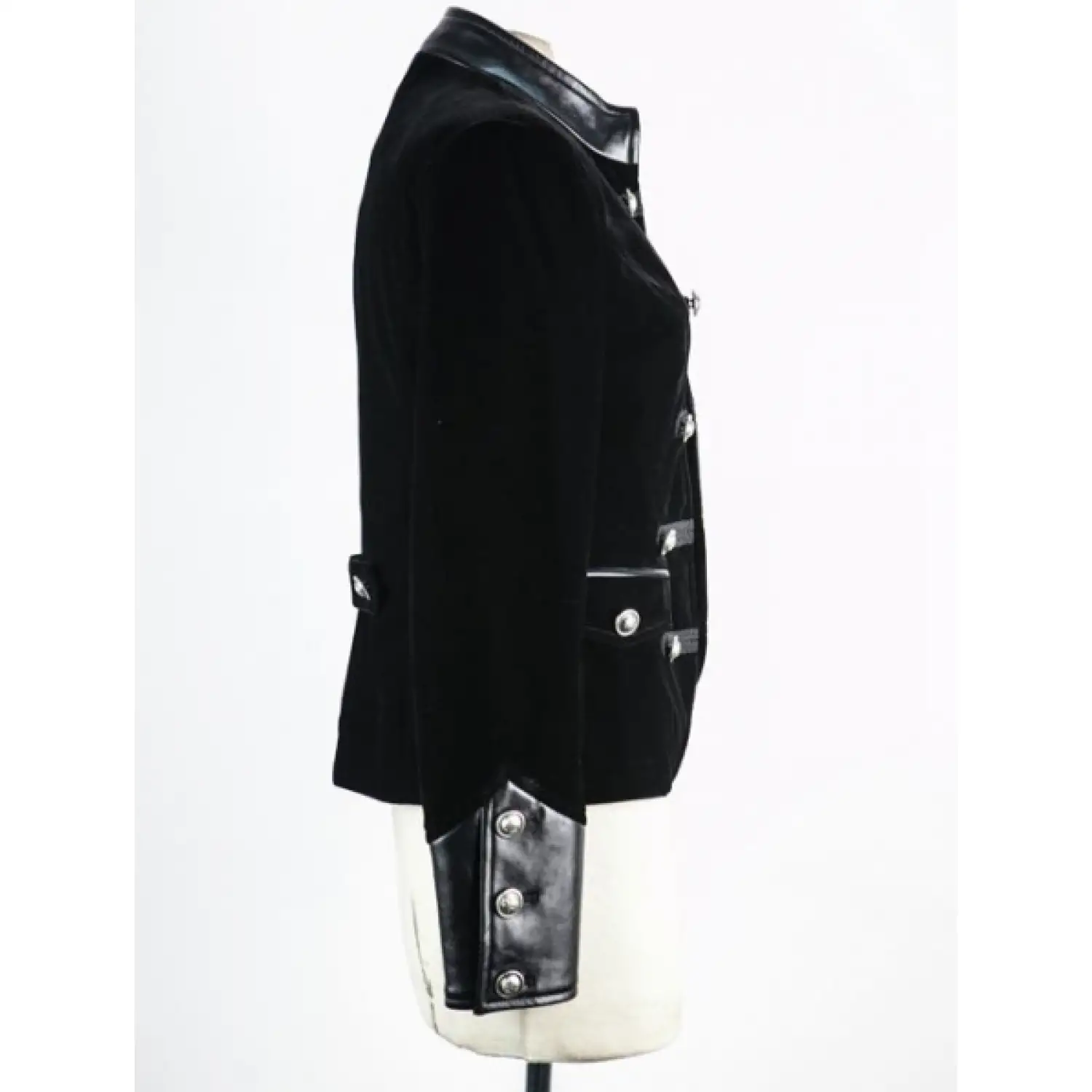 Gothic Military Style Black Velvet Jacket Leather Accents Jacket