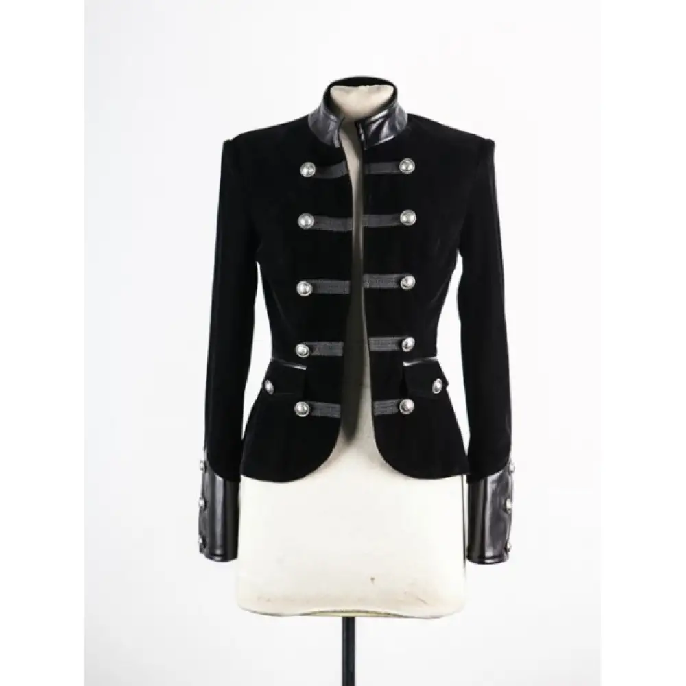Gothic Military Style Black Velvet Jacket Leather Accents Jacket