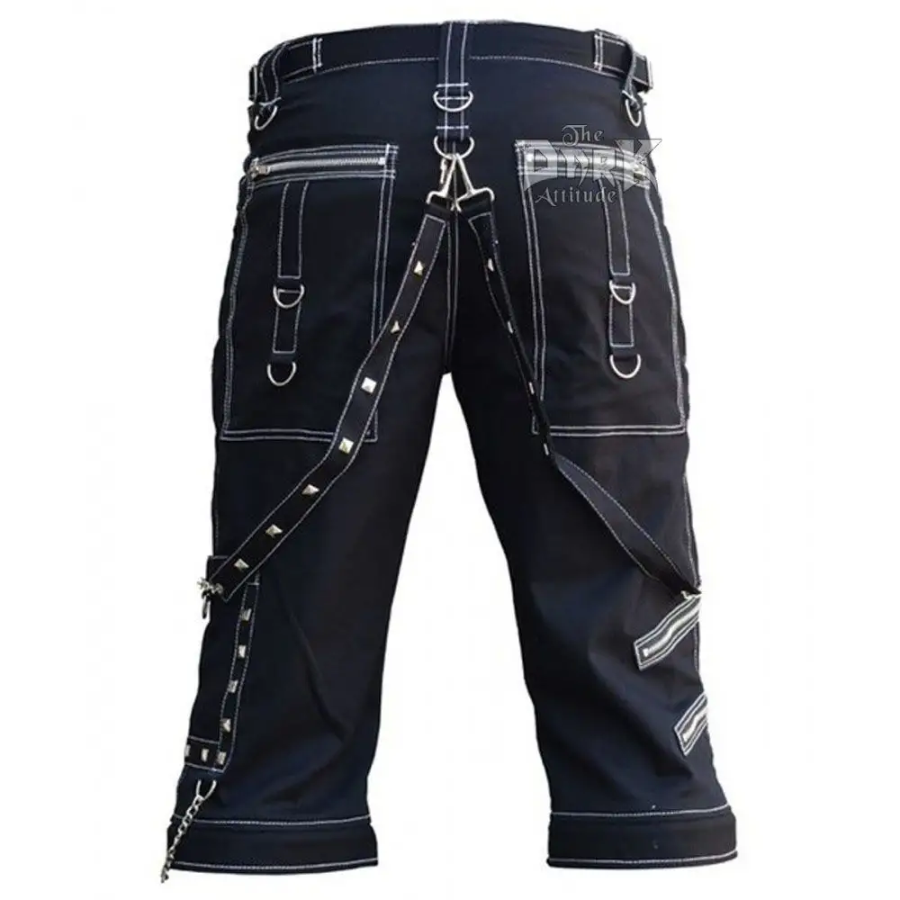 Chains Black Gothic Cargo Shorts | Men White Threads Fetish Shorts