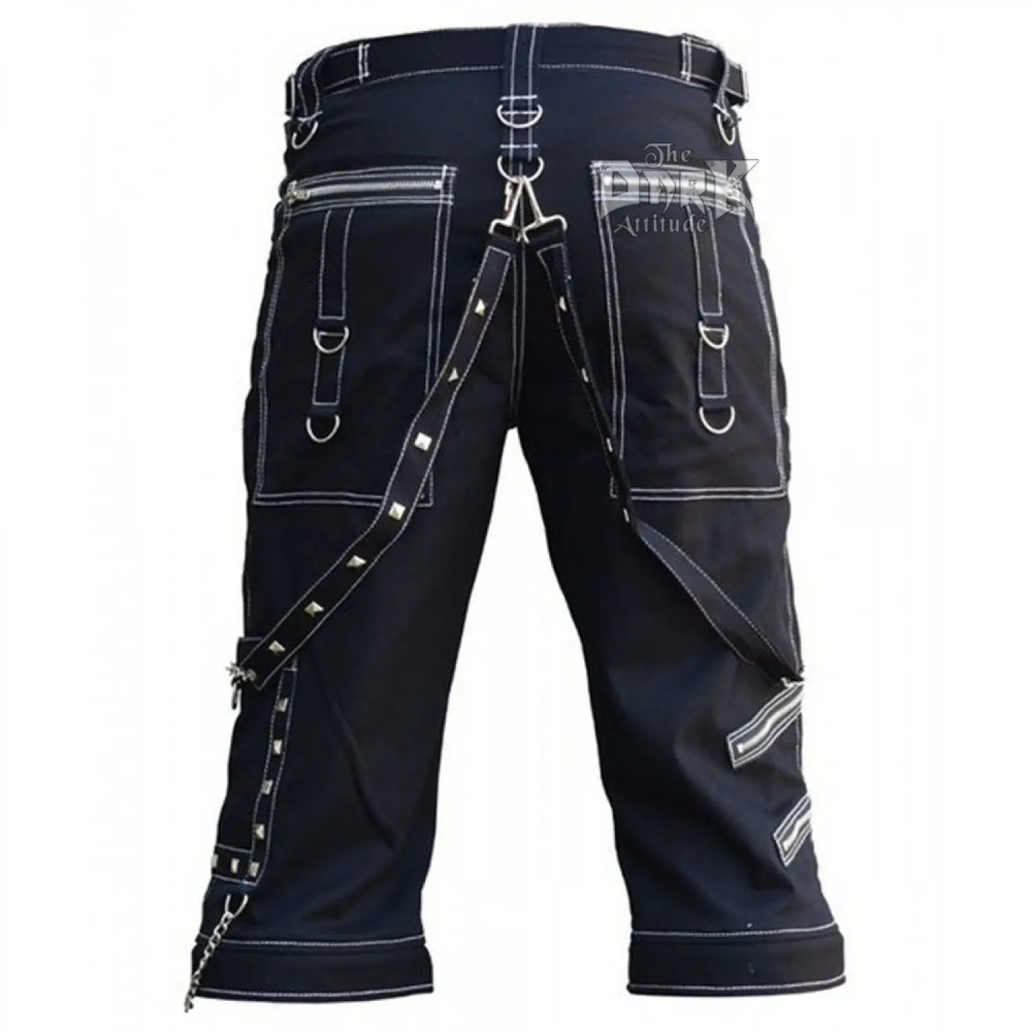 Chains Black Gothic Cargo Shorts | Men White Threads Fetish Shorts
